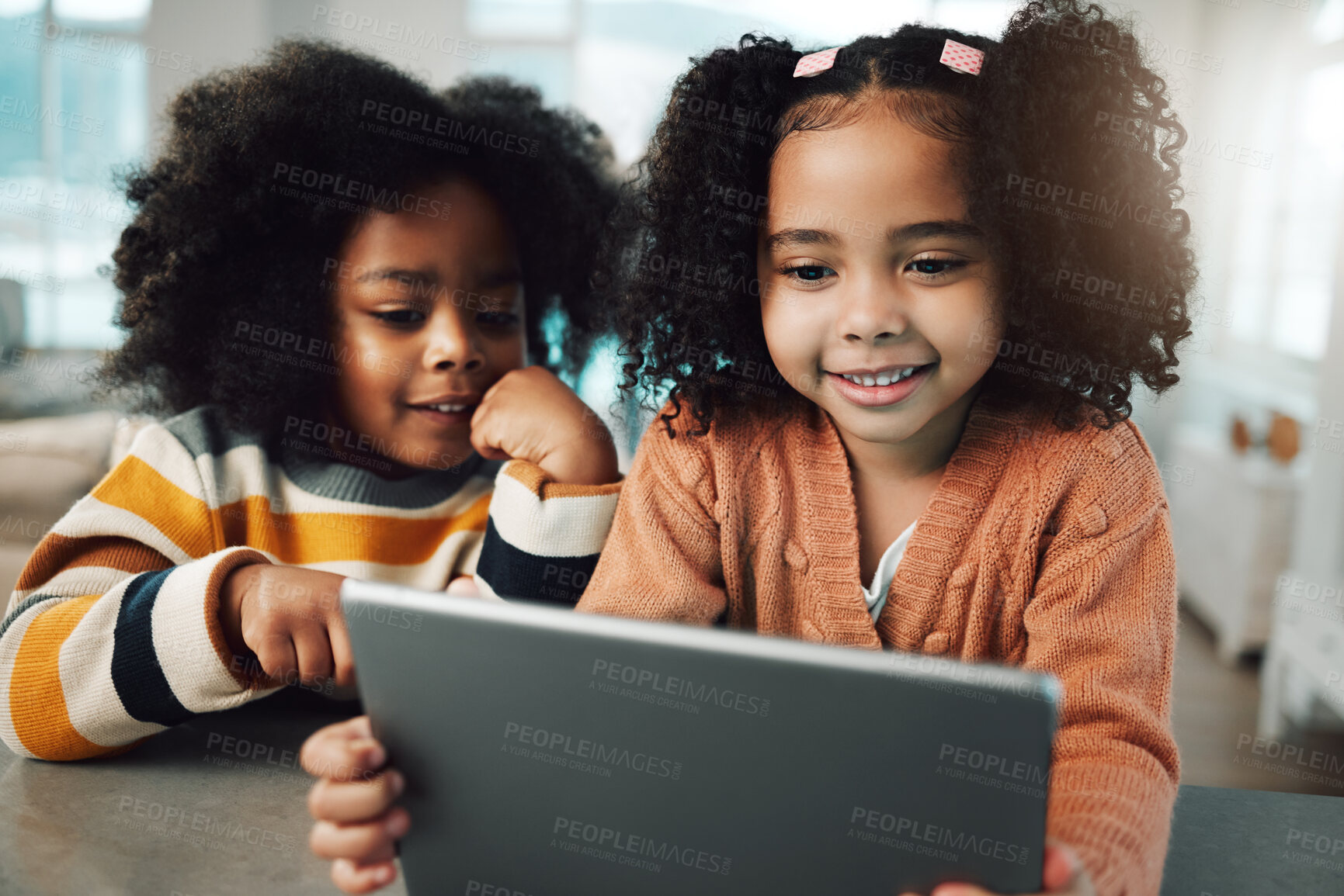 Buy stock photo Children, sisters and girls smile with tablet in home, playing games and bonding together. Technology, family and happy kids with touchscreen for elearning, streaming movie and video.