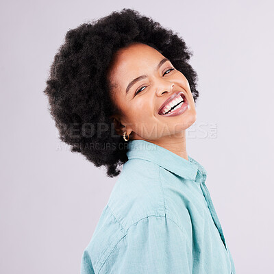 Buy stock photo Portrait, excited and African woman with fashion or style isolated against a studio pink background. Face, casual and female person happy, confident and beauty or happiness smile