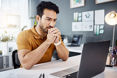 Buy stock photo Technology, businessman thinking and with laptop in his modern office with a lens flare. Connectivity or online communication, planning or idea and man at his desk reading an email or data review