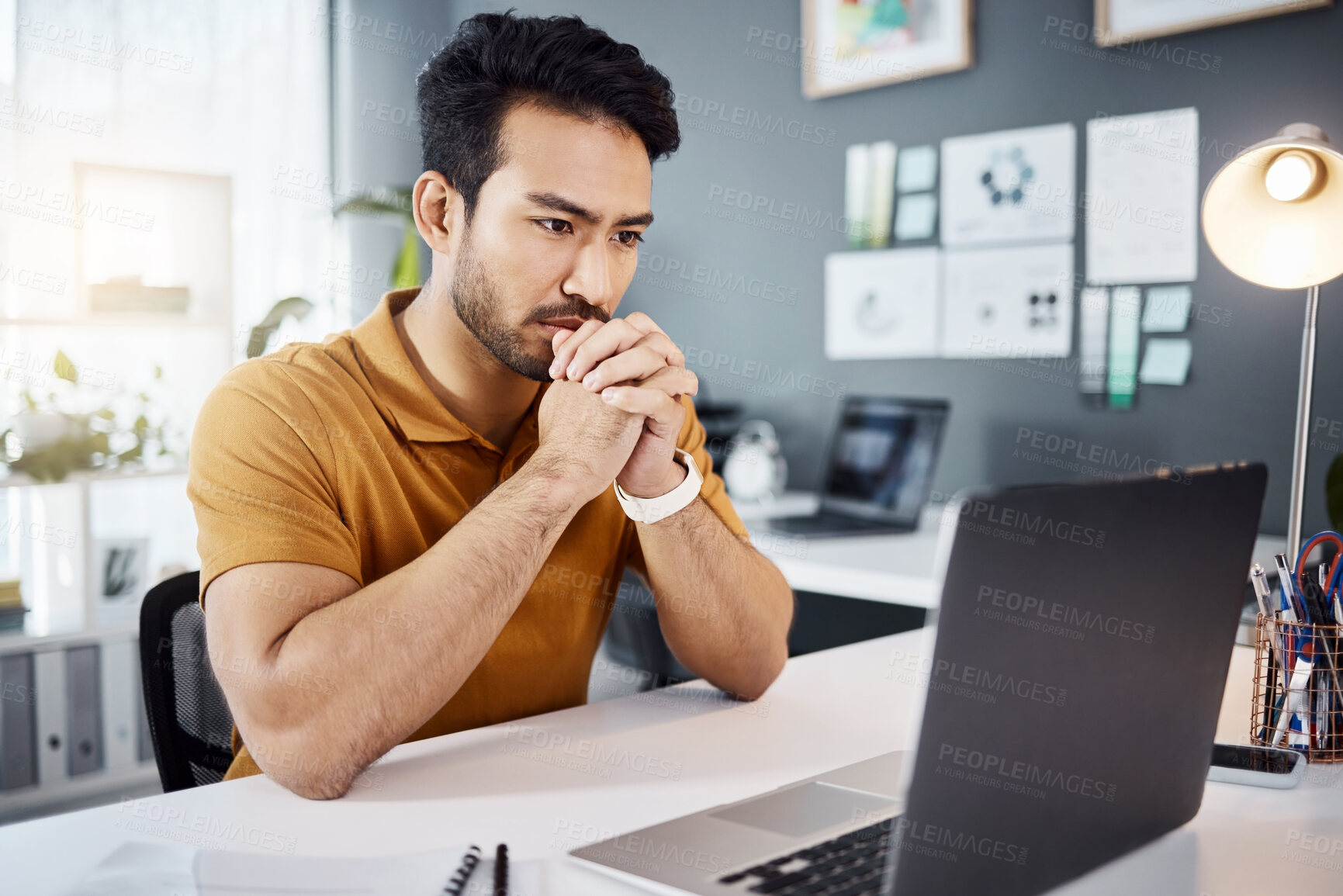 Buy stock photo Technology, businessman thinking and with laptop in his modern office with a lens flare. Connectivity or online communication, planning or idea and man at his desk reading an email or data review