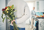 Senior, couple and flowers for love in home, kitchen or husband with bouquet of roses to surprise woman with love in marriage. Man, wife and hiding gift, flower and romance together on anniversary