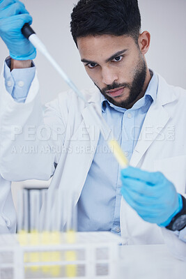 Buy stock photo Man, medicine or scientists with test tubes in research for experiment, medical assessment or innovation. Breakthrough, studying biotechnology or researcher in laboratory for science development 