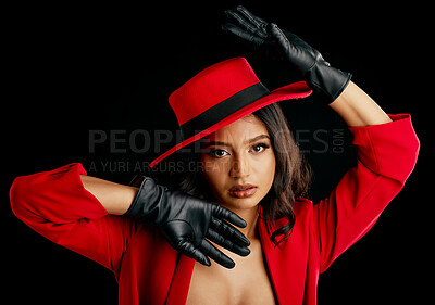 Woman, retro spy and glamour art portrait in studio with vintage fashion and cosplay agent. Young female person, black background and luxury style with cosmetics, clothes and model with confidence