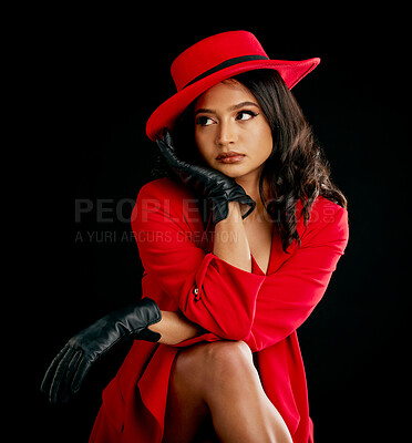 Woman, retro spy and glamour fashion in studio with vintage beauty and cosplay agent. Young female person, black background and luxury style with cosmetics, 1920s clothes and model with confidence