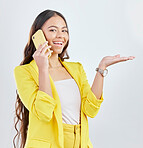 Phone call, business portrait and happy woman palm gesture for sales space, communication or corporate notification. Smartphone conversation, presentation and talking person smile on white background