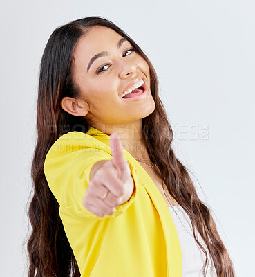 Buy stock photo Portrait, support and woman with thumbs up, achievement and like symbol against a white studio background. Winning, female person or model with hand gesture, sign or positive with review or agreement