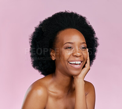 Buy stock photo Black woman, face and natural beauty, cosmetics with glow and laughter isolated on blue background. Happiness, facial and dermatology, African female model and afro hair in studio, funny and skincare