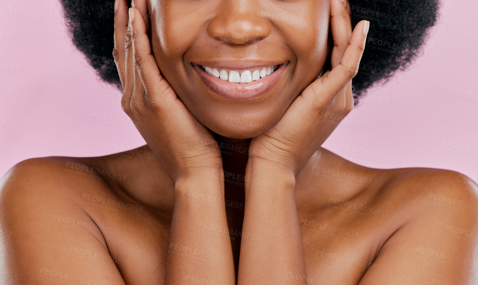 Buy stock photo Closeup, beauty and black woman, smile and mouth with dermatology against a studio background. Zoom, female person or happy model with cosmetics, lips and skincare with wellness, natural or oral care