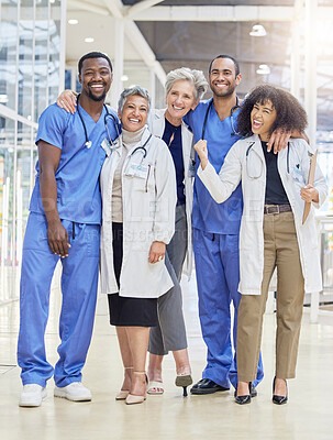 Buy stock photo Winning, team portrait and doctors or nurses in healthcare service, leadership and teamwork with hospital diversity. Professional medical people, mentor and internship group, success and clinic goals