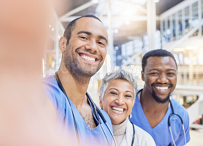 Buy stock photo Teamwork, selfie and medical staff with memory, hospital and social media with collaboration. Doctors, healthcare professional and group with faces of medicine and career with happiness and goals