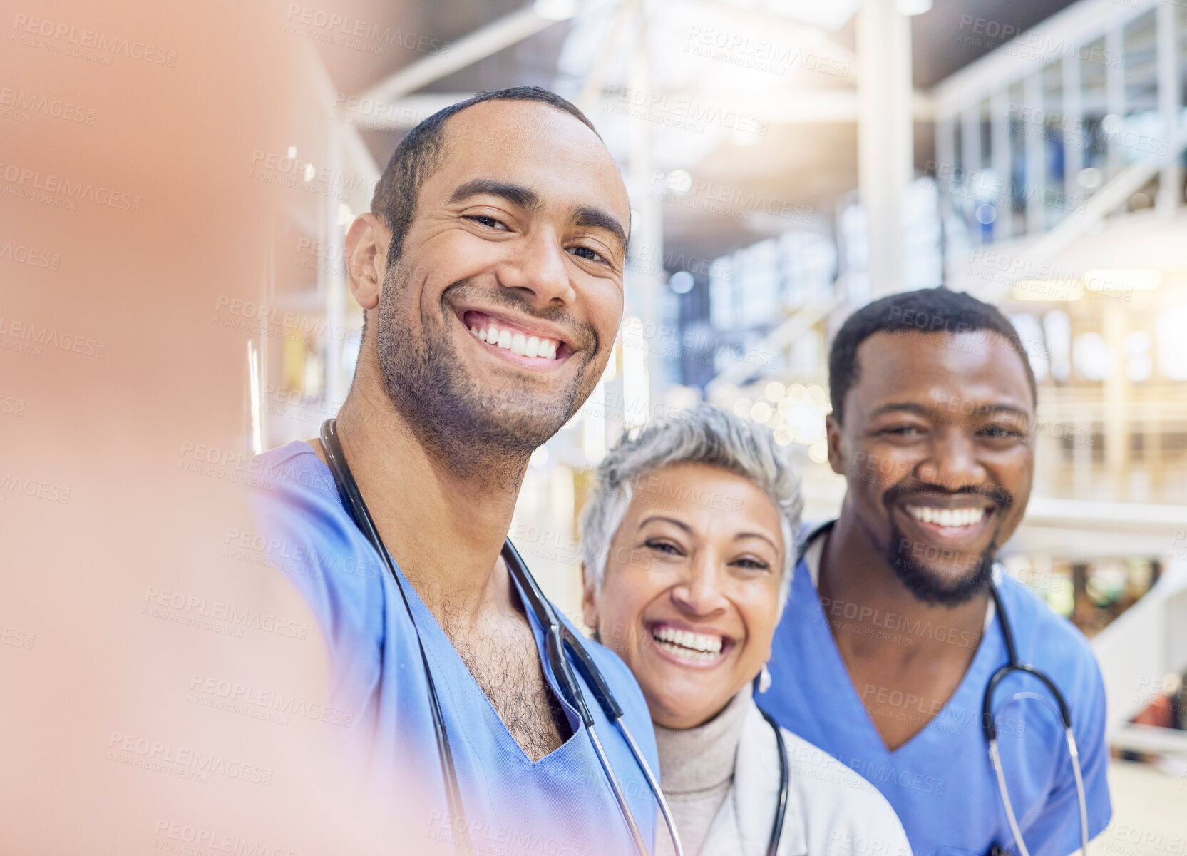Buy stock photo Teamwork, selfie and medical staff with memory, hospital and social media with collaboration. Doctors, healthcare professional and group with faces of medicine and career with happiness and goals