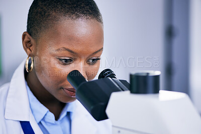 Buy stock photo Closeup of black woman scientist, microscope with analysis and science study for medical research and biotechnology in lab. Female person, doctor and check test sample and scientific experiment