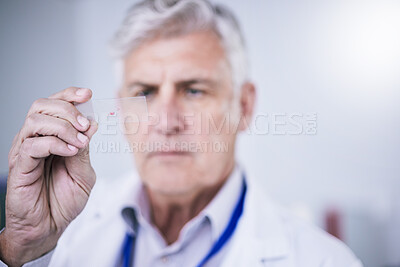 Buy stock photo Test, microscope slide and man with research, medical and sample with discovery, blood and laboratory. Male person, researcher and scientist with data analysis, dna testing and healthcare study with 