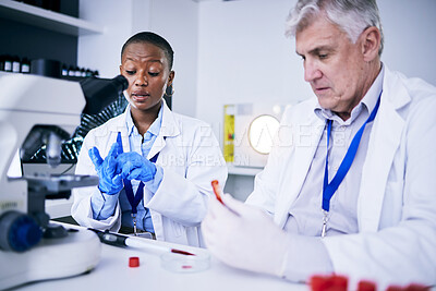 Buy stock photo Science, blood sample and research team in laboratory for  medical results, collaboration or dna test. A man and woman scientist or doctor with fluid for scientific innovation, study or analysis