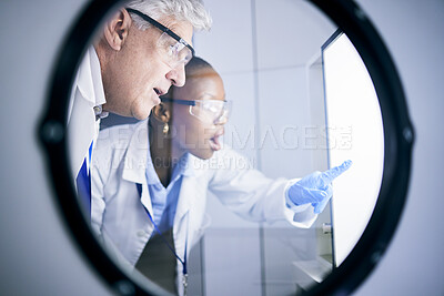 Buy stock photo Science, shock and team scientists in lab working on futuristic experiment, research or test. Biotechnology, medical and scientific researchers in collaboration on breakthrough project in incubator.