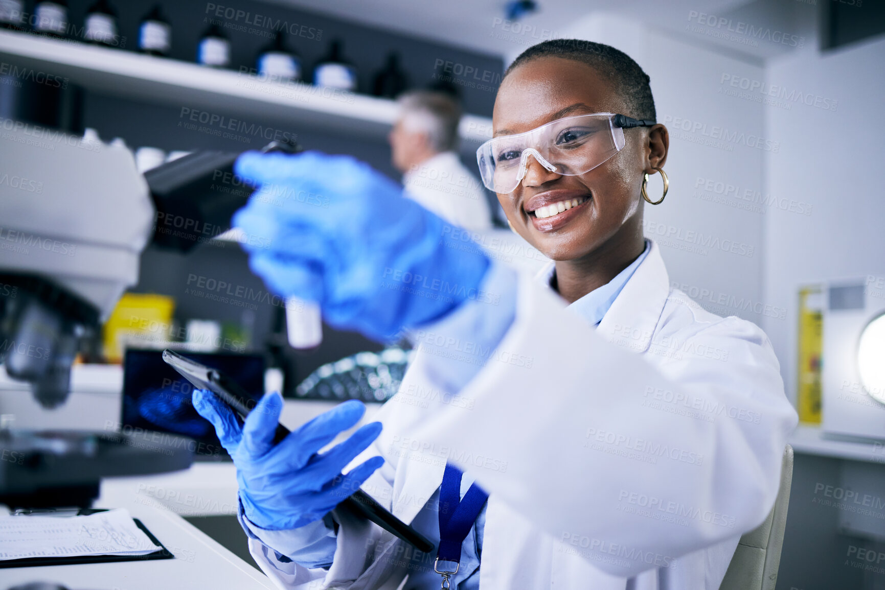 Buy stock photo Black woman, test tube or happy scientist with tablet for pharmaceutical research, innovation or medicine. Medical data, smile or African biologist in science analysis in laboratory studying a cure 