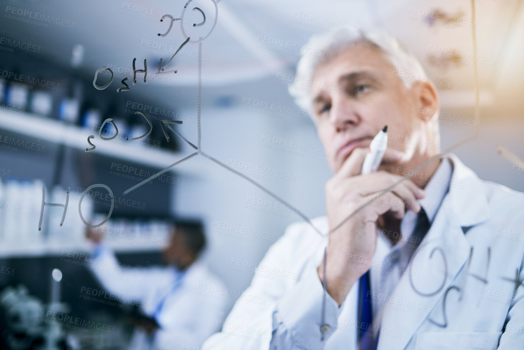 Buy stock photo Scientist, thinking and formula on glass in laboratory research, problem solving or solution for medical health. Question, brainstorming and senior man or science expert of math, data ideas and board