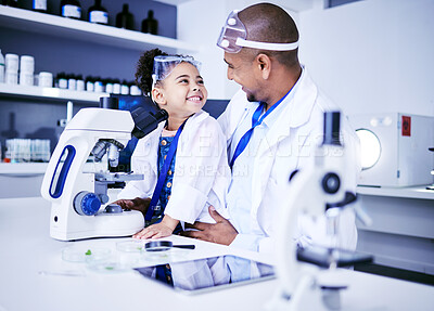Buy stock photo Science, microscope and father with child in laboratory for medical research, chemistry and education. Healthcare, family and scientist with girl with equipment for knowledge, learning and teaching