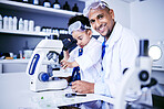 Chemistry, microscope and scientist with child in laboratory for medical research, science and education. Healthcare, portrait and father and girl with equipment for knowledge, learning and teaching
