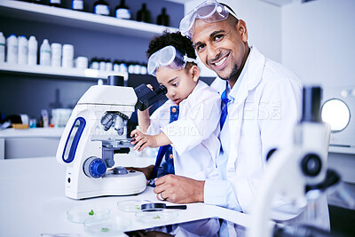 Buy stock photo Chemistry, microscope and scientist with child in laboratory for medical research, science and education. Healthcare, portrait and father and girl with equipment for knowledge, learning and teaching