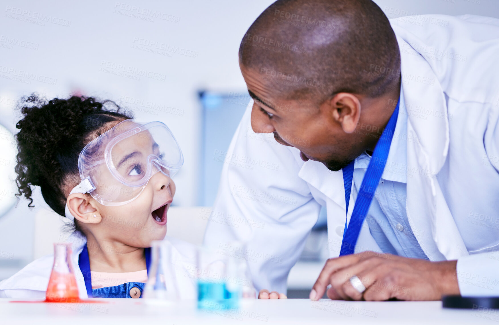 Buy stock photo Chemistry, excited and father with child in laboratory for medical research, science and education. Healthcare, family and scientist with girl with liquid sample for knowledge, learning and school