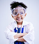 Child, portrait and happy scientist girl in studio with arms crossed, glasses and a smile. Face of a African kid student excited for medical science, education or biology experiment for future career