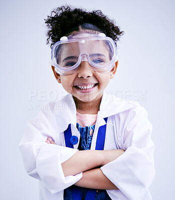 Buy stock photo Child, portrait and happy scientist girl in studio with arms crossed, glasses and a smile. Face of a African kid student excited for medical science, education or biology experiment for future career
