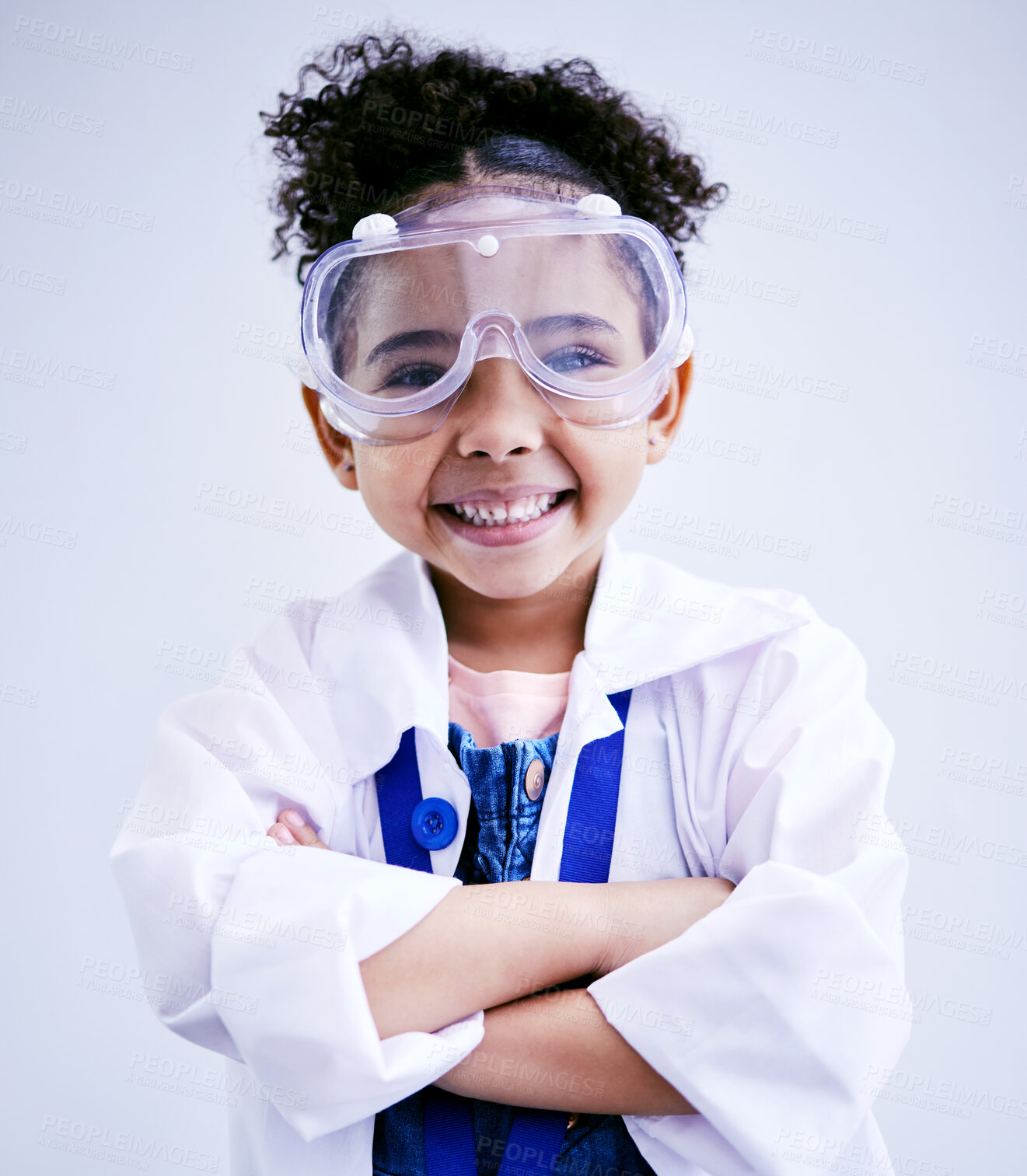 Buy stock photo Child, portrait and happy scientist girl in studio with arms crossed, glasses and a smile. Face of a African kid student excited for medical science, education or biology experiment for future career