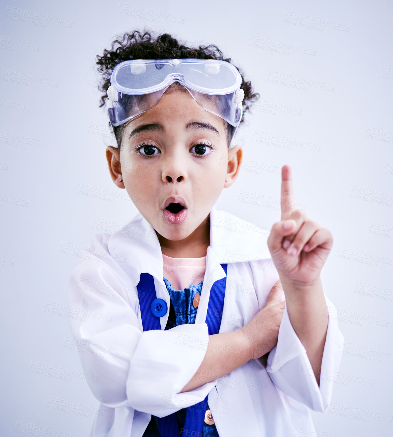 Buy stock photo Child, hand and idea or solution for science in studio with mouth open, glasses and thought. Face of a African kid student shocked or wow for scientist, education or biology experiment for innovation