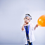 Child, thinking and balloon science in studio with 
hand on chin, goggles and idea. African kid student with solution or problem solving, education or fun biology experiment on a white background