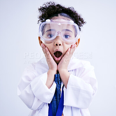 Buy stock photo Child, shocked and science portrait with glasses in studio with open mouth, wow or surprised face. African kid student excited for education or biology experiment and learning for future scientist