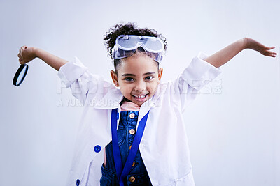 Buy stock photo Child, happy and portrait of a scientist girl in studio with open hands, glasses and a magnifier. Face of a African kid student excited for medical science, education or biology experiment for future