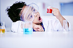 Child, science and chemistry with chemical in a laboratory for a test or research. Face of African kid student shock, wow or surprised for scientist, future education or learning experiment in class