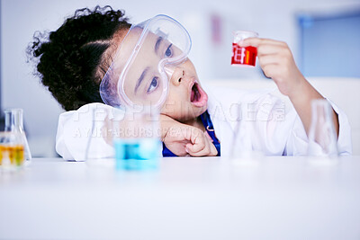 Buy stock photo Child, science and chemistry with wow chemical in a laboratory for test or research. Face of African kid student shock or surprised for scientist, future education or learning experiment in class