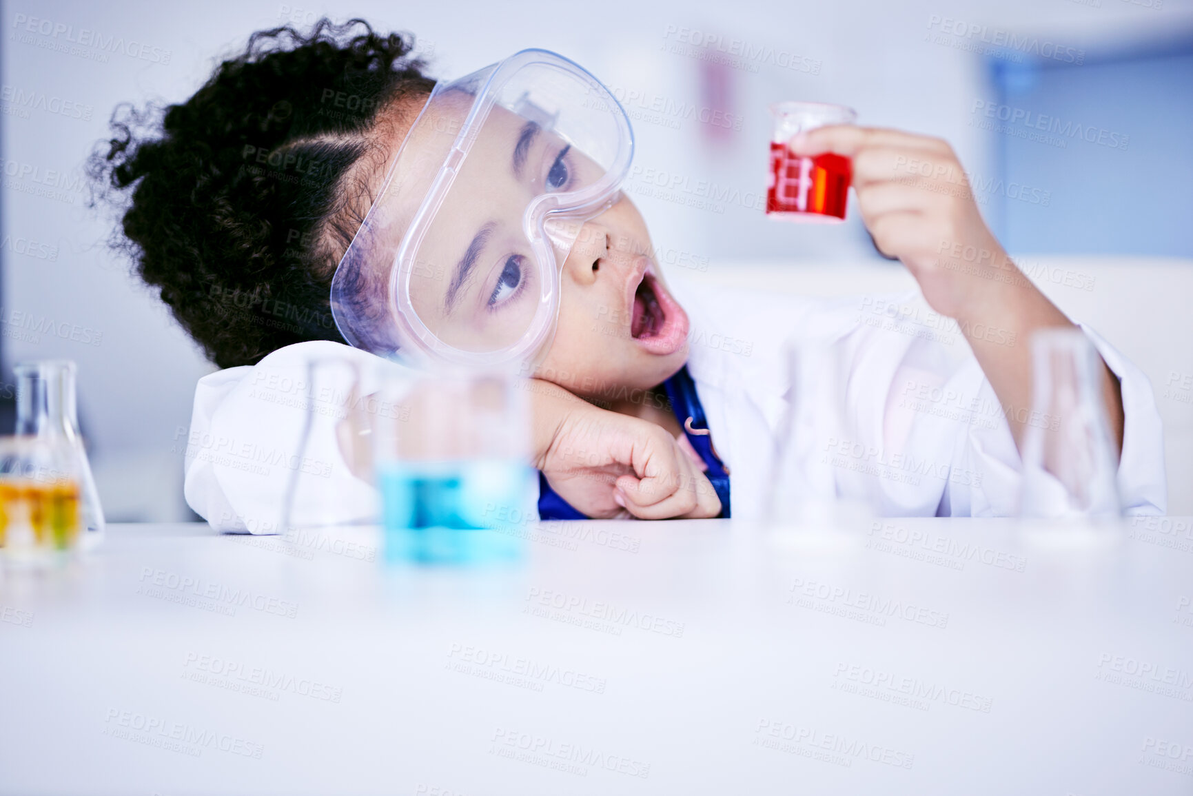 Buy stock photo Child, science and chemistry with wow chemical in a laboratory for test or research. Face of African kid student shock or surprised for scientist, future education or learning experiment in class
