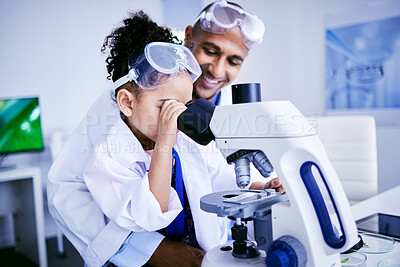 Buy stock photo Science, microscope and dad with child in laboratory for medical research, chemistry and education. Healthcare, family and scientist with girl check equipment for knowledge, learning and teaching