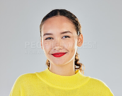 Buy stock photo Portrait, happy and black girl with cosmetics or positive mindset with makeup in isolated or white background. Beauty, smile and face with woman with confidence or pride and wellness in south africa.