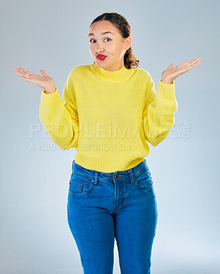 Buy stock photo Portrait, confused woman and shrug in studio, white background or question of choice, emoji or puzzled reaction. Female model, body language and dont know why in doubt, uncertainty or forgot decision