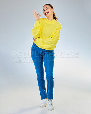 Buy stock photo Ok, hands and portrait of happy woman in studio, white background and vote for good review. Female model, smile and okay gesture of success, agreement or icon for support, yes emoji or thank you sign