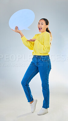 Buy stock photo Speech bubble, wow and woman or student presentation, news or announcement of college opportunity. Portrait, information and excited person, university FAQ or communication on studio white background