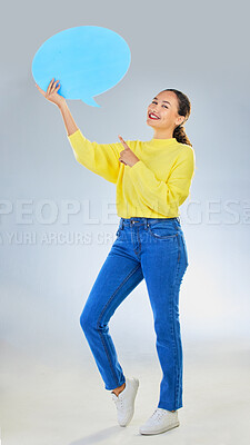 Buy stock photo Speech bubble, woman pointing and student presentation, chat or communication for college opportunity or forum. Portrait, information and person for university FAQ or quote on studio white background