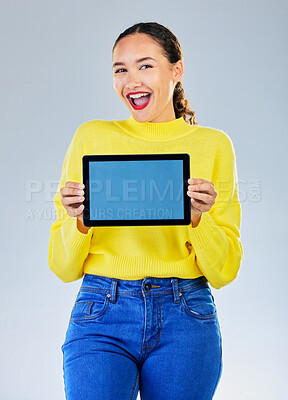 Buy stock photo Tablet screen, space and woman or student for university presentation, discount news or e learning information. Portrait of person, digital mockup and college or education wow on studio background
