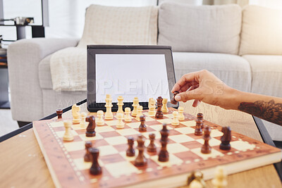 Buy stock photo Video call, chess and woman in home with tablet, mockup and screen for gaming connection in lounge. Thinking, internet and chessboard, virtual strategy board game and African girl problem solving.