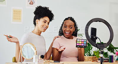 Buy stock photo Vlogging, friends and women doing a makeup tutorial together with technology for social media, Happy, fun and young interracial female people filming a cosmetic, beauty or face routine on a phone,