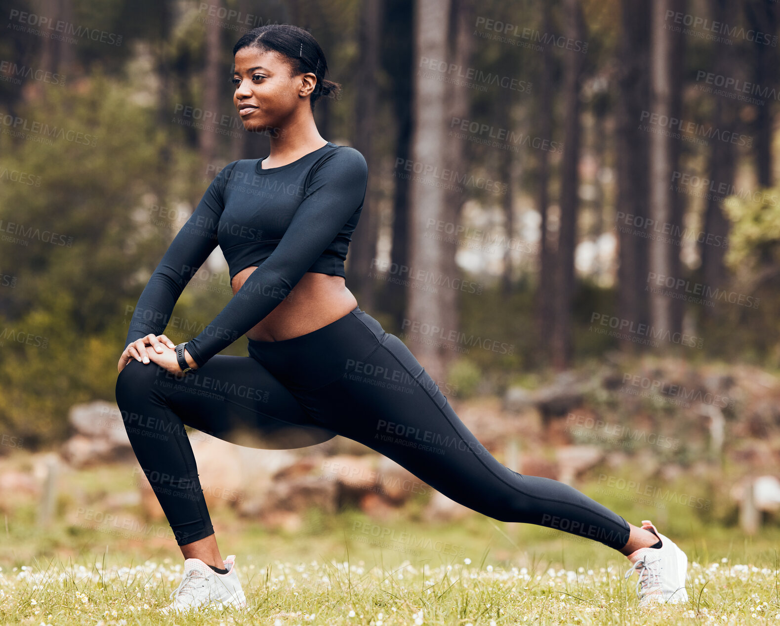 Buy stock photo Stretching, workout and black woman do lunge in nature for exercise, training and sports in forest. Mockup, mountain and happy female person stretch legs for warm up, fitness and wellness for running