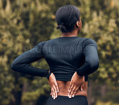 Buy stock photo Back pain, fitness and sports woman outdoor for scoliosis, health risk and tired from running in park. Female athlete, runner and exercise injury of muscle, joint problem and first aid for hurt spine