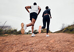 Running couple, dirt path and fitness with workout and training on a race and marathon. Runner, young people back and road on a exercise challenge outdoor with sport cardio performance in nature  