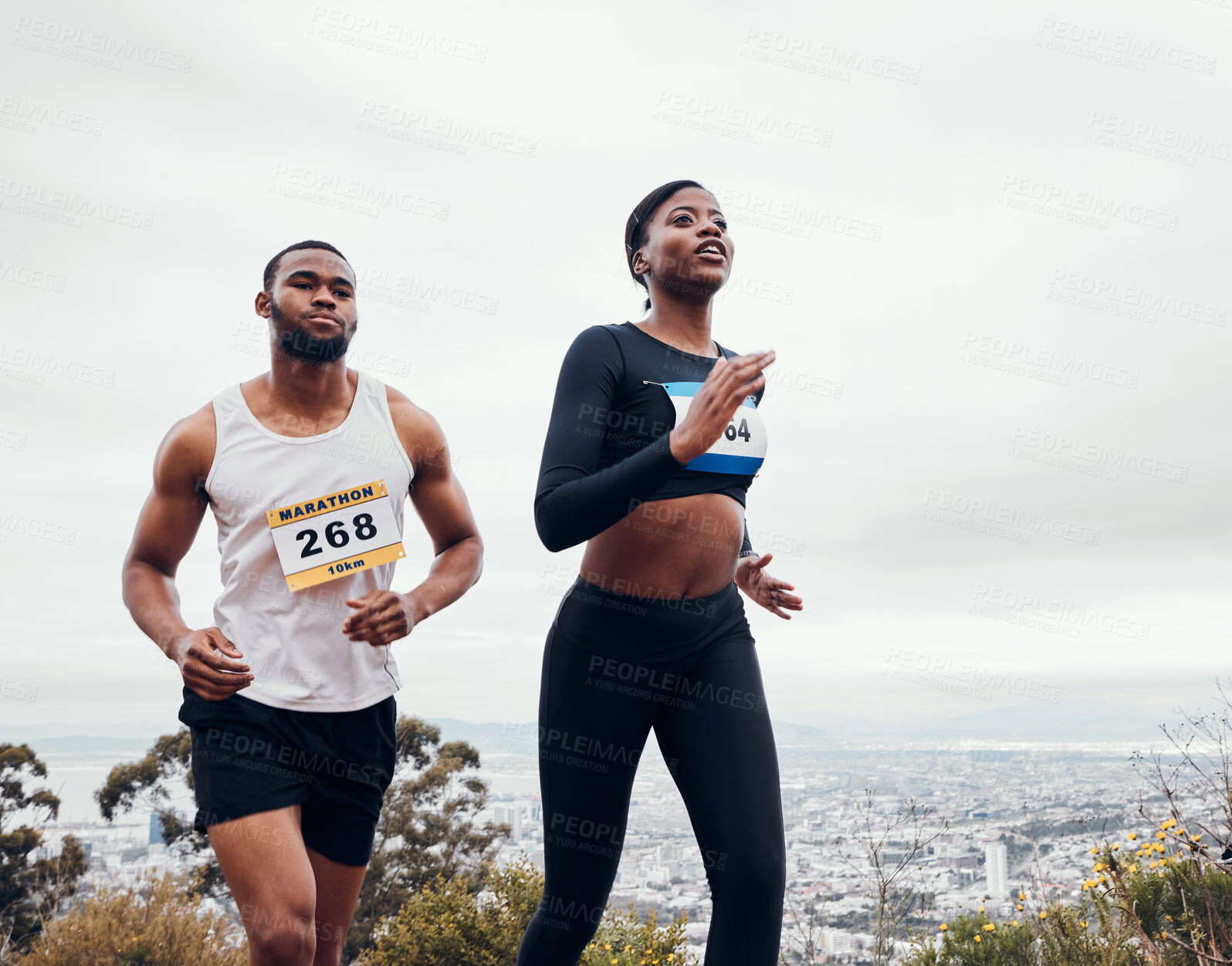 Buy stock photo Running couple, mountain race and wellness with workout and training together for a marathon. Runner, young people and road on a exercise challenge outdoor with sport cardio performance in nature  