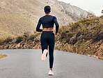 Fitness, running and back with black woman in nature for health, workout and challenge. Performance, sports and exercise with female runner training on mountain road for speed, marathon and wellness