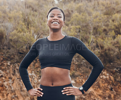 Buy stock photo Fitness, running and happy with portrait of black woman in nature for health, workout and challenge. Performance, sports and exercise with female runner training for speed, marathon and wellness